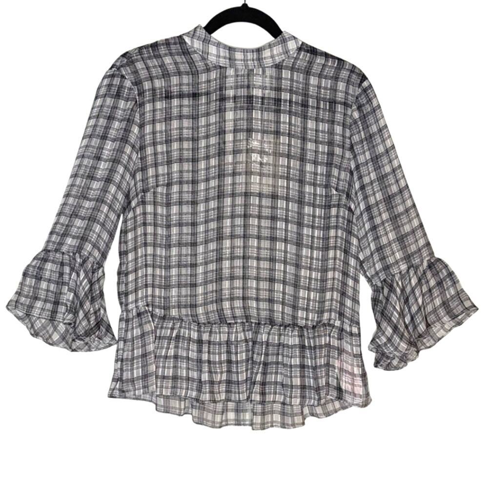 MINKPINK NWT Preppy Semi Sheer Check Plaid Blouse High Neck Ruffle Black White